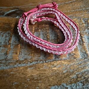 Pink Beaded Leather Wrap Bracelet